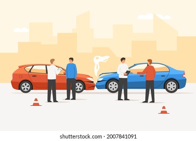 Auto crash, vehicle insurance from traffic damage collision. Agent provide emergency service help to driver writing claim to solve transport crash problem. Car accident vector illustration