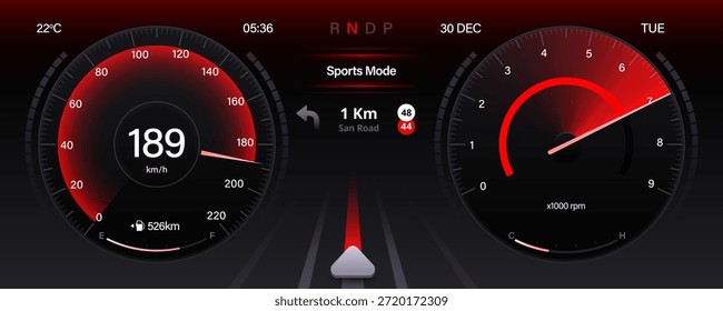 Salpicadero automático con indicador de velocidad, tacómetro, cuentakilómetros. Interfaz digital del tablero de mandos que muestra la navegación de velocidad y la interfaz de datos del motor