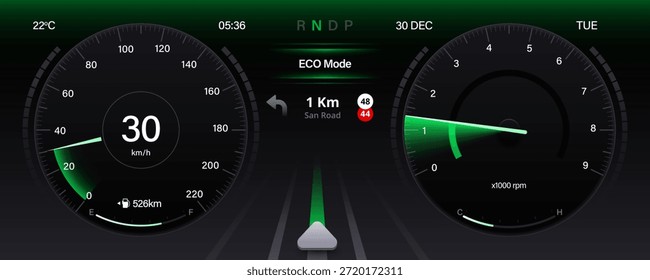 Salpicadero automático con indicador de velocidad, tacómetro, cuentakilómetros. Interfaz digital del tablero de mandos que muestra la navegación de velocidad y la interfaz de datos del motor