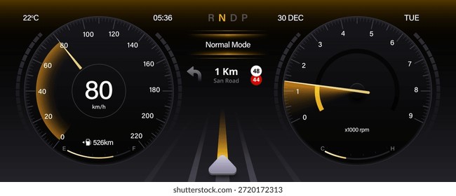 Painel automático com indicador de velocidade, tacômetro, odômetro. Interface de painel digital mostrando navegação de velocidade e interface de dados do mecanismo