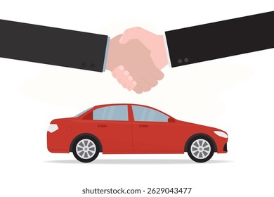 Auto deal, agreement. Red car, side view. Businessman taking vehicle in car sharing. Automobile, seller and buyer handshake, rental or buying car. Transportation concept. flat vector illustration