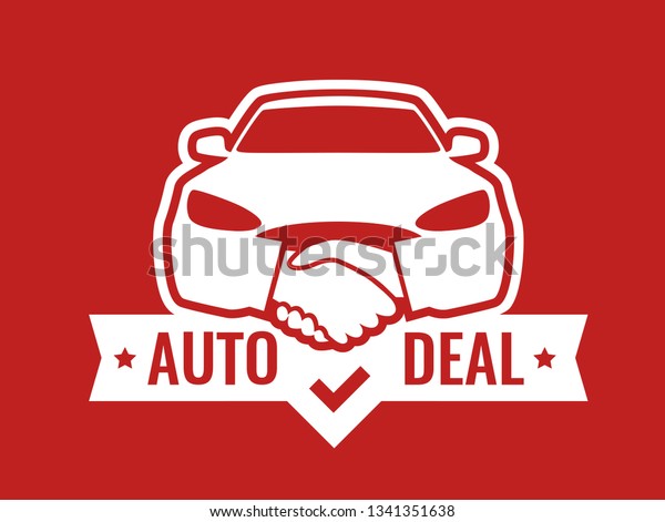 Auto Deal - Logo for car Dealership. Front view of\
Car with Handshakes - Creative Emblem, Badge, Sticker, Header on\
red color.