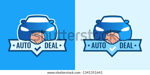 Auto Deal - Logo for car Dealership. Front\
view of Car with Handshakes - Creative Emblem. Set of blue vector\
Symbols on blue and white\
background.