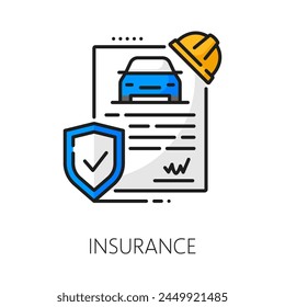 Auto dealer, car insurance company, dealership thin line icon. Auto center, car official dealership or vehicle distributor linear vector symbol. Automobile dealer line icon with insurance contract