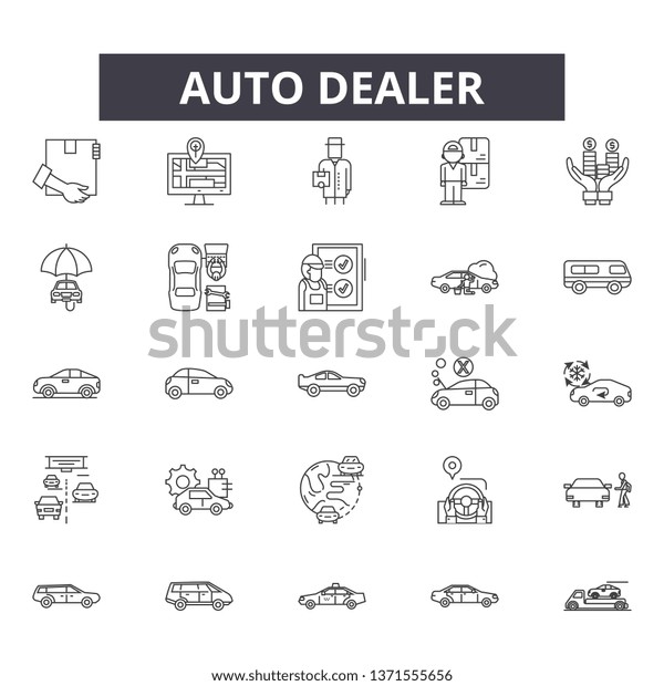 Auto\
dealer line icons, signs set, vector. Auto dealer outline concept,\
illustration:\
auto,dealer,business,car,vehicle,service,transportation,automobile
