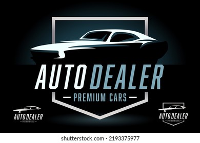 Auto Dealer Logo. Car Silhouette Badge Icon. Premium Motor Vehicle Dealership Emblem. Automotive Showroom Garage Sign. Vector Illustration.