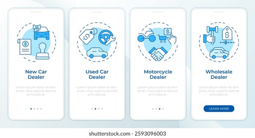 Auto dealership blue onboarding mobile app screen. Walkthrough 4 steps editable graphic instructions with linear concepts. UI, UX, GUI template
