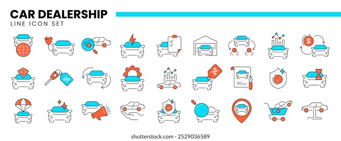 Auto concessionária linha fina ícones dianteiros conjunto de revendedor de carro, indústria automotiva, serviço de aluguel ou manutenção de veículos. Símbolos lineares de reparação, seguro de transporte, troca ou compra de carros novos