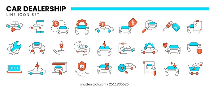 Auto dealership thin line icon set of car dealer, automotive industry, rental service or vehicle trade center. Linear symbols of repair, maintenance, transportation insurance, exchange or buy new cars