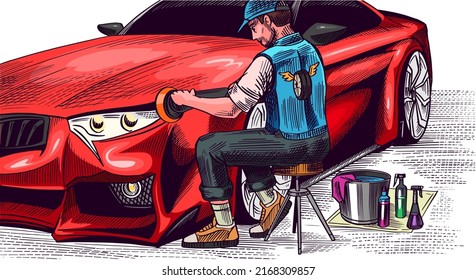 Auto detailing. Dry cleaning motor. Man washing and polishing car. Vehicle service or Automobile center. Hand drawn sketch line. 