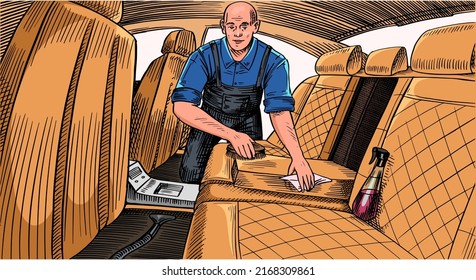 Auto Detailing. Dry Cleaning Motor. Man Washing Car And Vacuuming The Interior. Vehicle Service Or Automobile Center. Hand Drawn Sketch Line. 