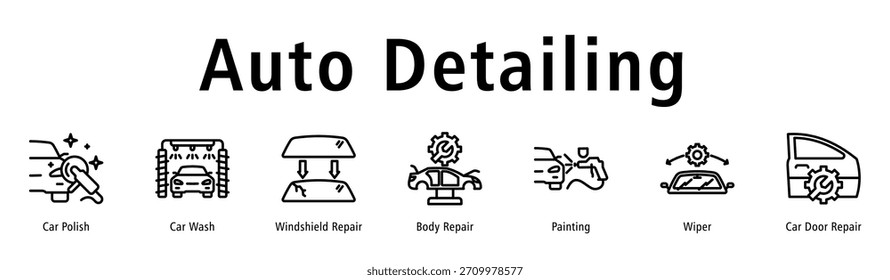 Ilustración vectorial del icono del Anuncio del Web del detalle auto con los iconos del polaco del coche, del túnel de lavado, de la reparación del parabrisas, de la reparación del cuerpo, de la pintura, del limpiaparabrisas y de la reparación de la puerta del coche.