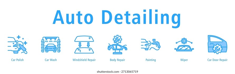 Auto Detailing Web-Banner-Symbol Vektorgrafik mit Symbolen von Auto Polnisch, Autowäsche, Windschutzscheibe Reparatur, Körperreparatur, Malerei, Wischer und Autotür Reparatur.