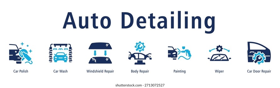 Auto Detalhando web banner ícone vetor ilustração com ícones de carro polonês, Lava-Jato, Windshield Repair, Body Repair, Pintura, Limpador e reparação de porta de carro.