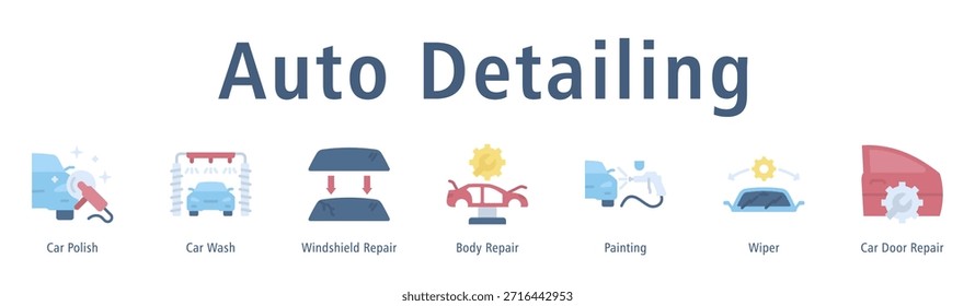Ilustración vectorial del icono del Anuncio del Web del detalle auto con los iconos del polaco del coche, del túnel de lavado, de la reparación del parabrisas, de la reparación del cuerpo, de la pintura, del limpiaparabrisas y de la reparación de la puerta del coche.
