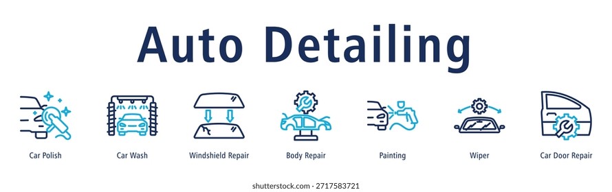 Ilustración vectorial del icono del Anuncio del Web del detalle auto con los iconos del polaco del coche, del túnel de lavado, de la reparación del parabrisas, de la reparación del cuerpo, de la pintura, del limpiaparabrisas y de la reparación de la puerta del coche.