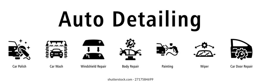 Ilustración vectorial del icono del Anuncio del Web del detalle auto con los iconos del polaco del coche, del túnel de lavado, de la reparación del parabrisas, de la reparación del cuerpo, de la pintura, del limpiaparabrisas y de la reparación de la puerta del coche.