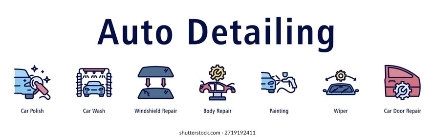 Ilustración vectorial del icono del Anuncio del Web del detalle auto con los iconos del polaco del coche, del túnel de lavado, de la reparación del parabrisas, de la reparación del cuerpo, de la pintura, del limpiaparabrisas y de la reparación de la puerta del coche.