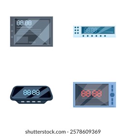Auto device icons set cartoon vector. Modern navigator and taximeter. Electronic equipment