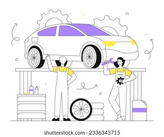 Auto diagnosis line concept. Men in uniform with wrench near transport at platform. Car and vehicle repair shop. Mechanics changing wheels of automobile. Linear flat vector illustration