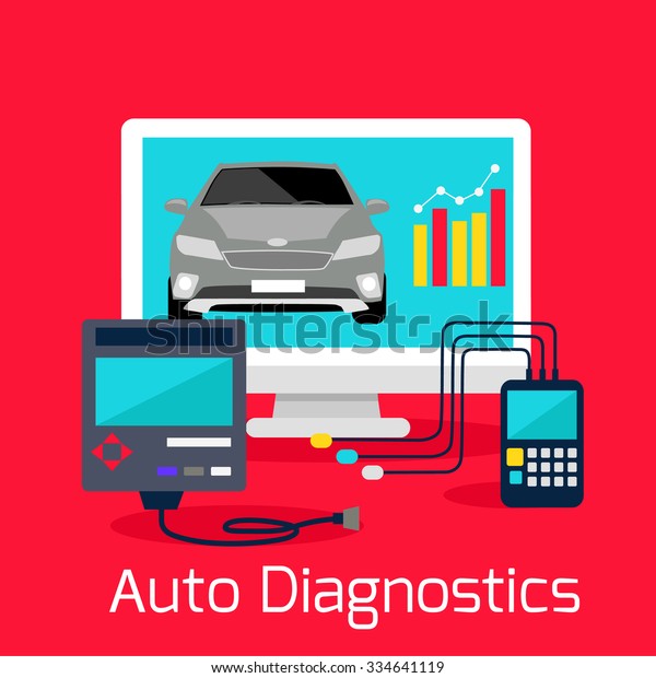 Auto diagnostics monitor\
flat concept. Car or automobile, automotive and repair logo,\
driving icon, service mechanic, technology engine, maintenance\
station illustration