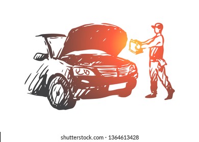 Auto, disassembly, repair, service, mechanic concept. Hand drawn auto mechanic repair auto concept sketch. Isolated vector illustration.