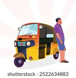 A auto driver standing with his three-wheeler auto