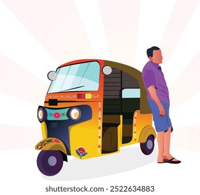 A auto driver standing with his three-wheeler auto