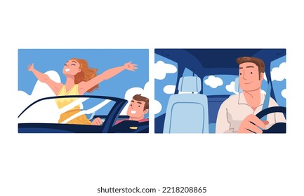 Auto drivers enjoying holiday trip. Men driving cars. Happy girl enjoying car ride cartoon vector illustration