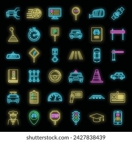 Auto driving school icons set. Outline set of auto driving school vector icons neon color on black