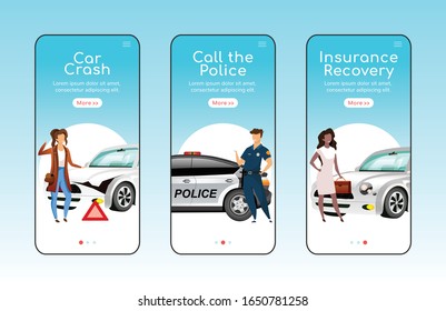 Auto emergencies onboarding mobile app screen flat vector template. Traffic accidents protection. Walkthrough website steps with characters. UX, UI, GUI smartphone cartoon interface