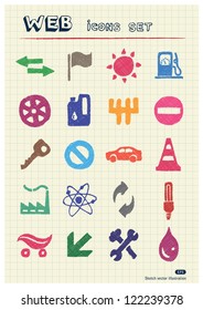 Auto and energy web icons set drawn by color pencils. Hand drawn vector elements pack isolated on paper