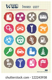 Auto and energy web icons set drawn by chalk. Hand drawn vector elements pack isolated on paper