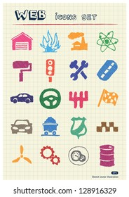Auto and energy web icons set drawn by color pencils.Hand drawn vector elements pack isolated on paper
