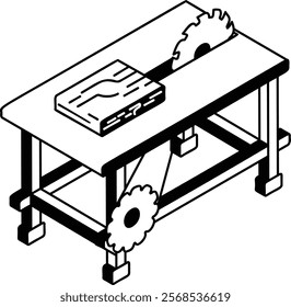 Auto Feeding Wood Log Sawing Cutting Machine isometric concept, Power Tool Working with circulation saw vector outline design, firewood or crafts Symbol, forest Deforestation products Sign lumberyard 