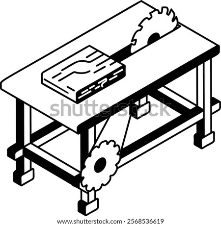 Auto Feeding Wood Log Sawing Cutting Machine isometric concept, Power Tool Working with circulation saw vector outline design, firewood or crafts Symbol, forest Deforestation products Sign lumberyard 