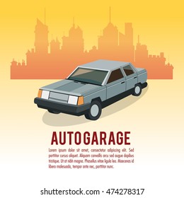 Auto garage car automobile retro cartoon icon. Colorful design. City background. Vector illustration