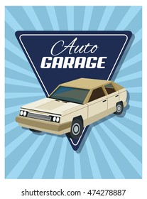 Auto garage car automobile retro cartoon icon. Colorful and triangle design. Striped background. Vector illustration
