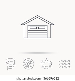 Auto garage icon. Transport parking sign. Global connect network, ocean wave and chat dialog icons. Teamwork symbol.