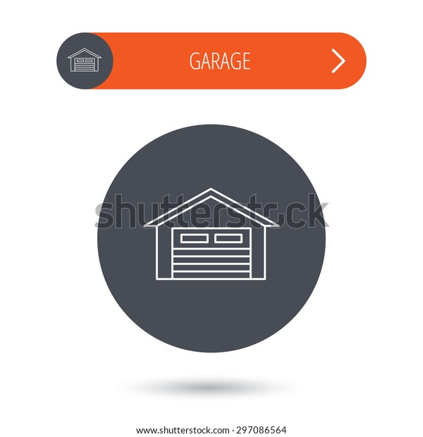 Auto garage icon.\
Transport parking sign. Gray flat circle button. Orange button with\
arrow. Vector