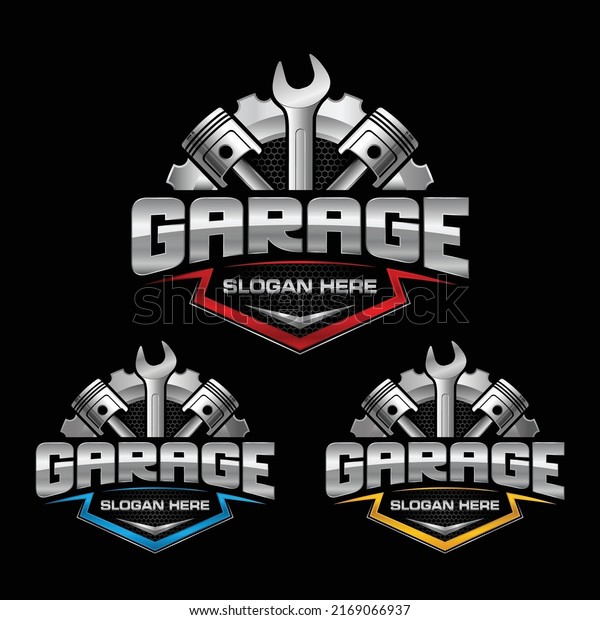 Auto Garage Logo.\
Combination of automobile tools, gears, pistons, and wrench.\
Perfect logo for auto services, automobile parts shops, and any\
other car related\
businesses.