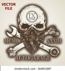 AUTO GARAGE LOGO WITH SKULL AND BONE OR GRUNGE PRINT AND BACKGROUND ISOLATED