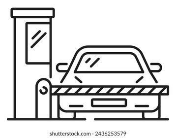 Auto garage service and parking thin line icon. Automobile public parking area, vehicle park zone or transport garage service place line vector symbol with car waiting, behind parking gate barrier