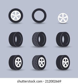 Auto garage wheels disk montage and installation winter tires replacement service black  icons set isolated vector illustration