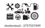 Auto garage workshop elements, wrench and gear symbols, tow truck and gas station graphics