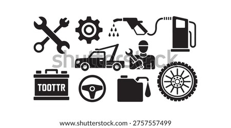 Auto garage workshop elements, wrench and gear symbols, tow truck and gas station graphics