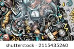Auto hand drawn doodle banner. Cartoon detailed flyer. Automotive identity with objects and symbols. Color vector design elements background