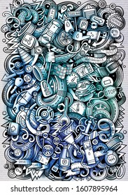 Auto hand drawn doodle banner. Cartoon detailed flyer. Automotive identity with objects and symbols. Watercolor vector design elements background