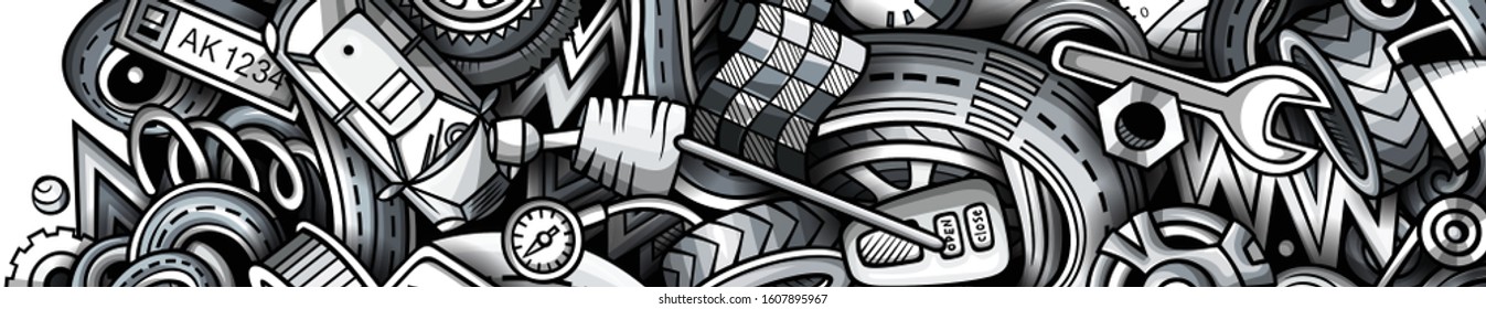 Auto hand drawn doodle banner. Cartoon detailed flyer. Automotive identity with objects and symbols. Monochrome vector design elements background