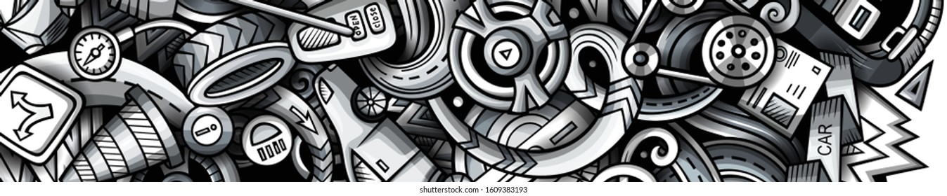 Auto hand drawn doodle banner. Cartoon detailed flyer. Automotive identity with objects and symbols. Monochrome vector design elements background